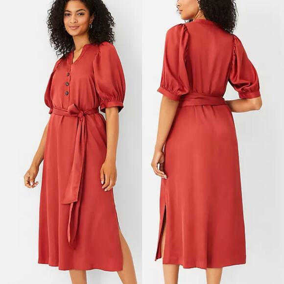 Ann Taylor Dresses & Skirts - Ann Taylor Puff Sleeve Tie Waist Shirtdress In Bronze Red V-Neck Size Small